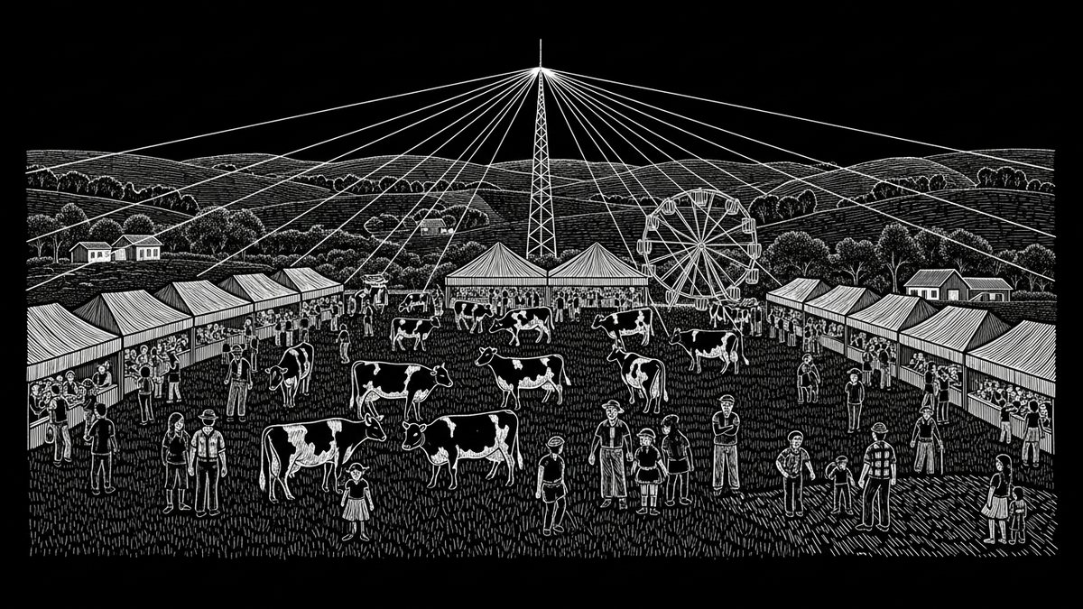 Illustration: an agricultural fair in the valley with a radio tower at the center casting threads that connect the people, the cattle and the distant houses — the invisible media network
