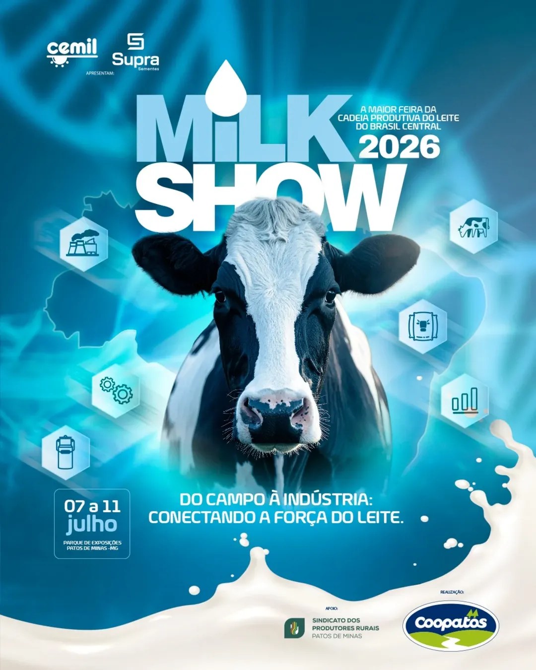 Cartaz oficial da MilkShow 2026 — 'Do Campo à Indústria: Conectando a Força do Leite', a maior feira do leite do Brasil Central, Patos de Minas
